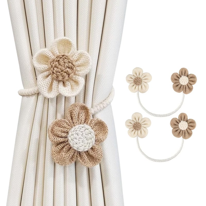 SRG Rope Curtain Tiebacks 2 Pack | Sunflower Curtain Tieback Boho | Simple Elegant DIY Curtain Holdbacks | Accessories Wall Decoration for Home Office | Cream&Khaki - Image 1