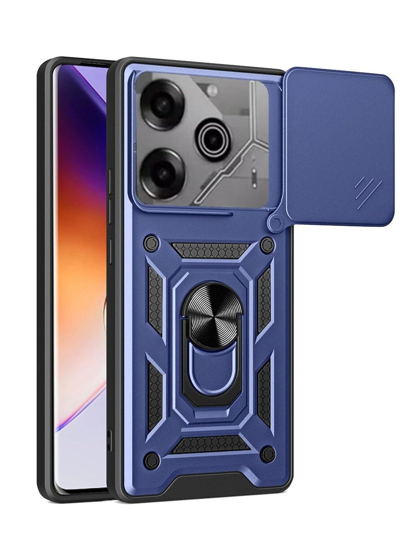 TECNO Pova 6 Pro 5G Case, Slide Camera Lens Cover + 360°Rotating Kickstand Ring + Support Magnetic Car Mount Shockproof Mobile Phone Case Blue