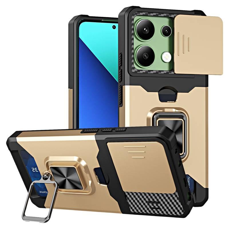 غطاء واقي بTPU+PC لـ Redmi Note 13 Pro مع مقاوم للصدمات وحامل بطاقات مع مقاوم للصدمات مع حماية من السقوط مع حامل قائم باللون Gold بوظيفة حامل من مادة TPU باللون الذهبي باللون الأح. - Image 1