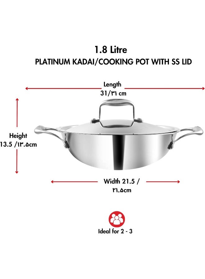 VINOD وعاء/قدر/مقلاة فينود بلاتينيوم ثلاثي الفولاذ المقاوم للصدأ مع غطاء فولاذي 1.8 لتر (22 سم) | سمك 2.5 مم | مقابض جانبية متينة مثبتة بالمسامير | مناسب للموقد الكهربائي والغاز | معدن SAS - Image 3
