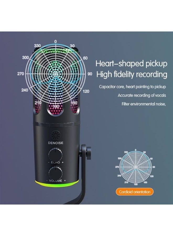 ميكروفون مكثّف USB RGB مع تقليل الضوضاء، بمنفذ Type-C وتقنية التوصيل والتشغيل (Plug & Play)، مناسب للألعاب والبث المباشر والتسجيل - Image 3