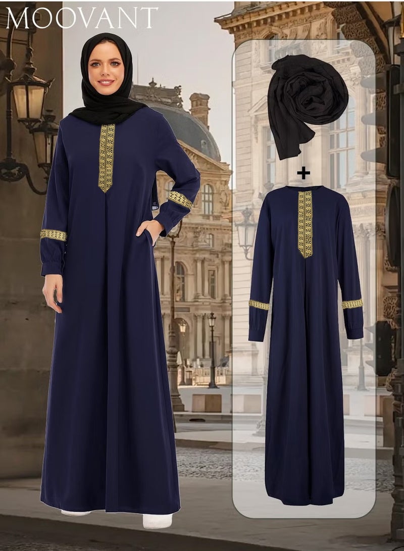 Moovant 2-Piece Women's Muslim Abaya Dress, Long Sleeved Dress, Zipper Islamic Robe, Pockets Maxi Prayer Clothes with Hijabs, Blue  - Image 1