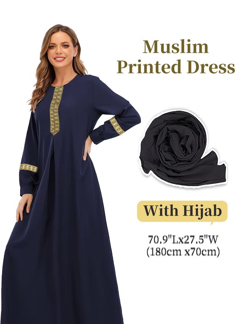 Moovant 2-Piece Women's Muslim Abaya Dress, Long Sleeved Dress, Zipper Islamic Robe, Pockets Maxi Prayer Clothes with Hijabs, Blue  - Image 4
