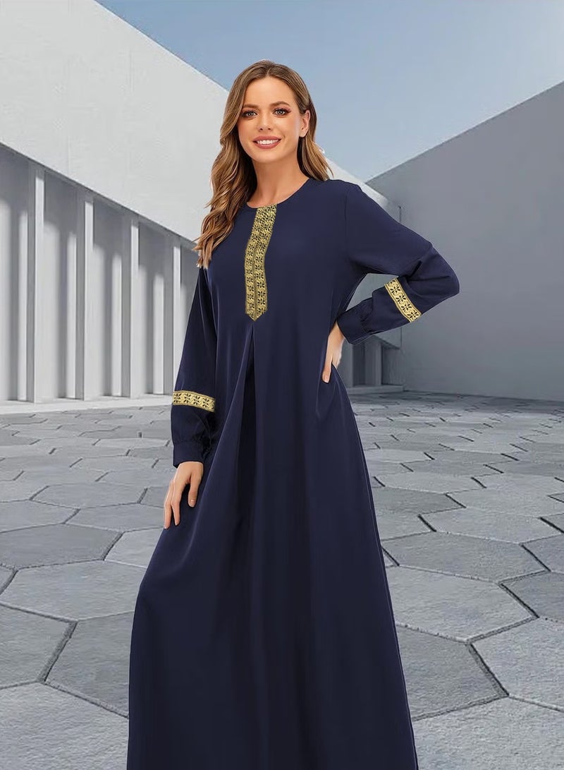 عباية نسائية إسلامية مكونة من قطعتين فستان بأكمام طويلة وسحاب رداء إسلامي وجيوب ملابس صلاة ماكسي مع حجاب أزرق