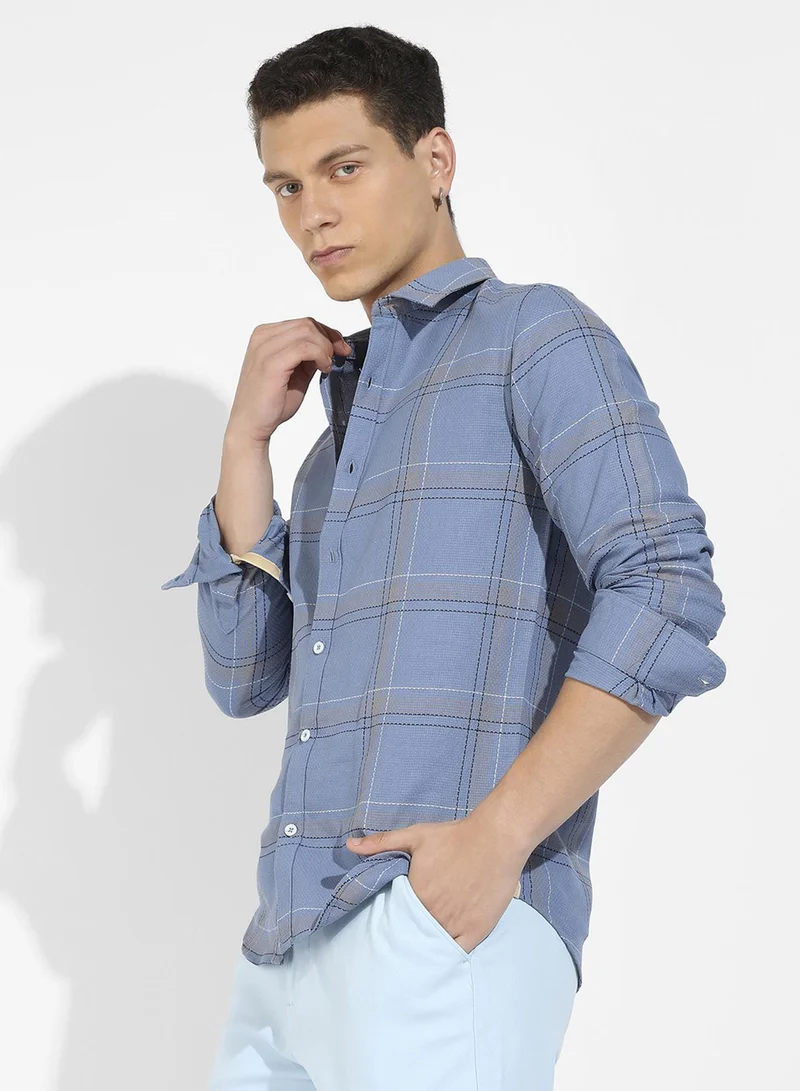 Campus Sutra Campus Sutra Men's Icy Blue Tartan Plaid Shirt For Casual Wear | Spread Collar | Long Sleeve | Button Closure | Cotton Shirts Crafted With Comfort Fit For Everyday Wear