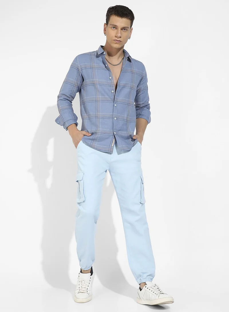 Campus Sutra Campus Sutra Men's Icy Blue Tartan Plaid Shirt For Casual Wear | Spread Collar | Long Sleeve | Button Closure | Cotton Shirts Crafted With Comfort Fit For Everyday Wear