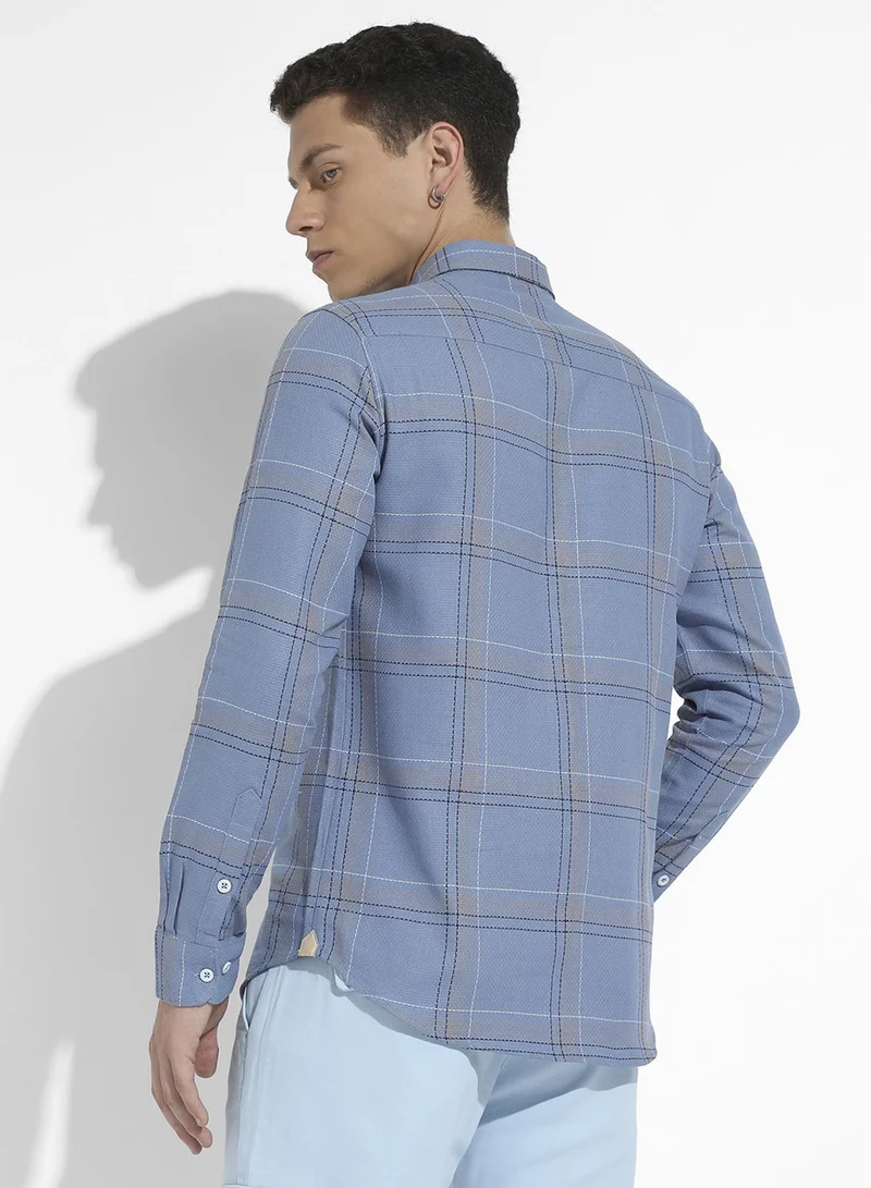 Campus Sutra Campus Sutra Men's Icy Blue Tartan Plaid Shirt For Casual Wear | Spread Collar | Long Sleeve | Button Closure | Cotton Shirts Crafted With Comfort Fit For Everyday Wear