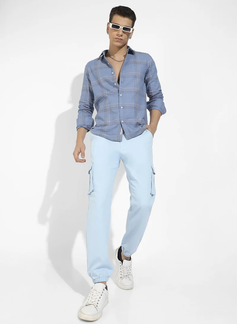 Campus Sutra Campus Sutra Men's Icy Blue Tartan Plaid Shirt For Casual Wear | Spread Collar | Long Sleeve | Button Closure | Cotton Shirts Crafted With Comfort Fit For Everyday Wear