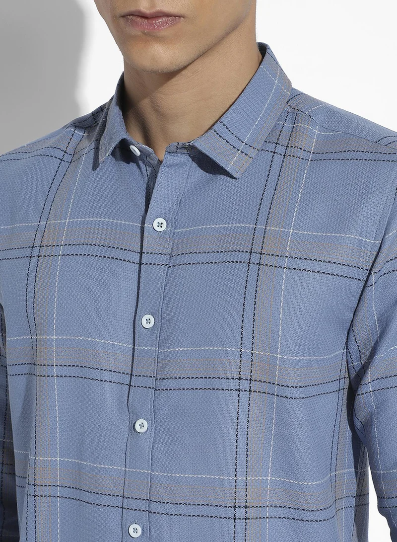 Campus Sutra Campus Sutra Men's Icy Blue Tartan Plaid Shirt For Casual Wear | Spread Collar | Long Sleeve | Button Closure | Cotton Shirts Crafted With Comfort Fit For Everyday Wear