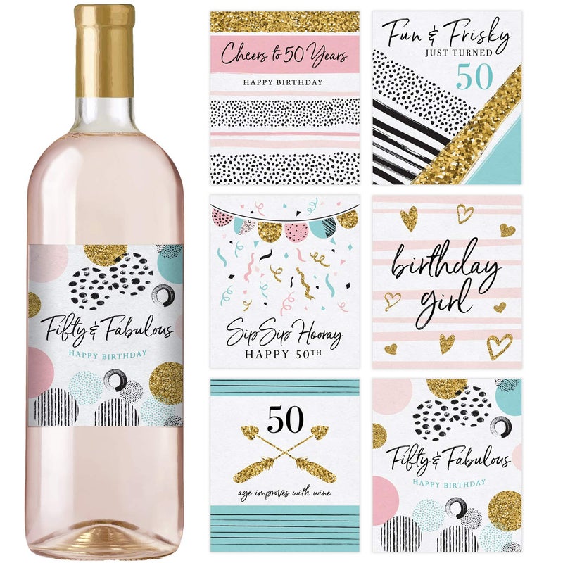 Printed Party 50th Birthday Wine Bottle Labels Pink and Gold Set of 6