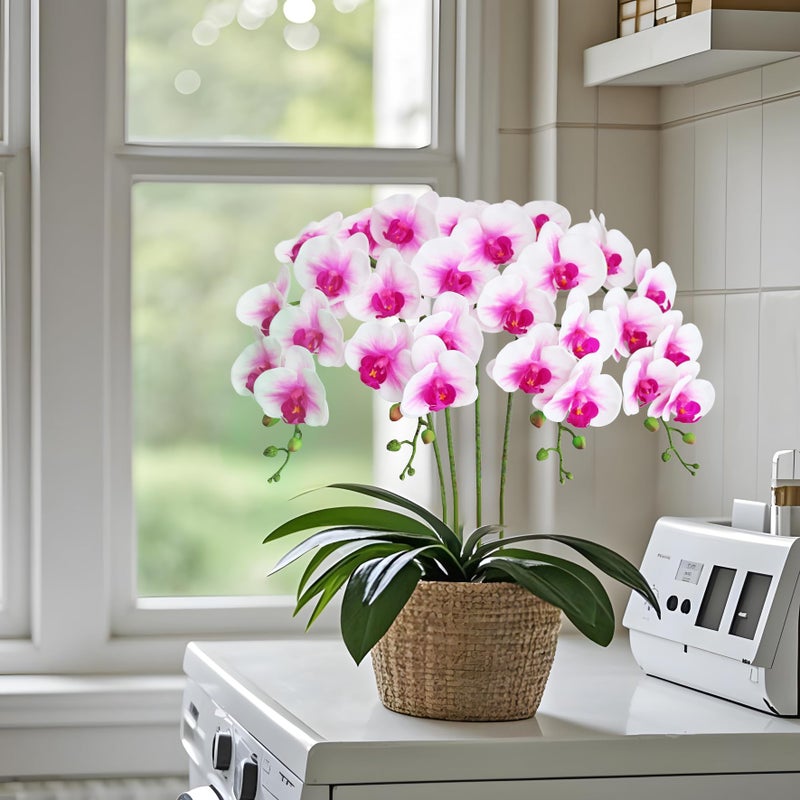 Htmeing 38 Inch Artificial Phalaenopsis Flowers Branches Real Touch (Not Silk) Orchids Flowers for Home Office Wedding Decoration,Pack of 2 (White Pink) - Image 3