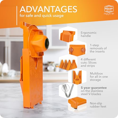 Börner Mandoline Slicer V3 (Starter Set) • V-Slicer for 5 Cutting Styles with Fruit Holder • Adjustable Vegetable Slicer for Vegetables & Fruits • Stainless Steel V-Blade • Color: Orange - Image 4