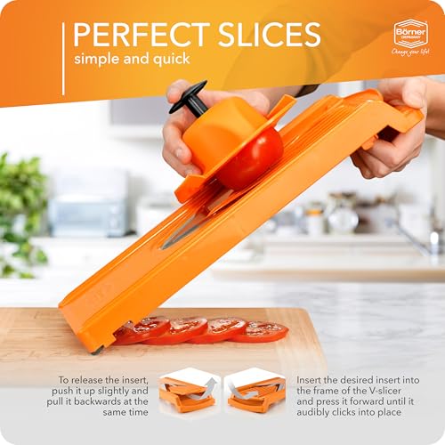 Börner Mandoline Slicer V3 (Starter Set) • V-Slicer for 5 Cutting Styles with Fruit Holder • Adjustable Vegetable Slicer for Vegetables & Fruits • Stainless Steel V-Blade • Color: Orange - Image 5