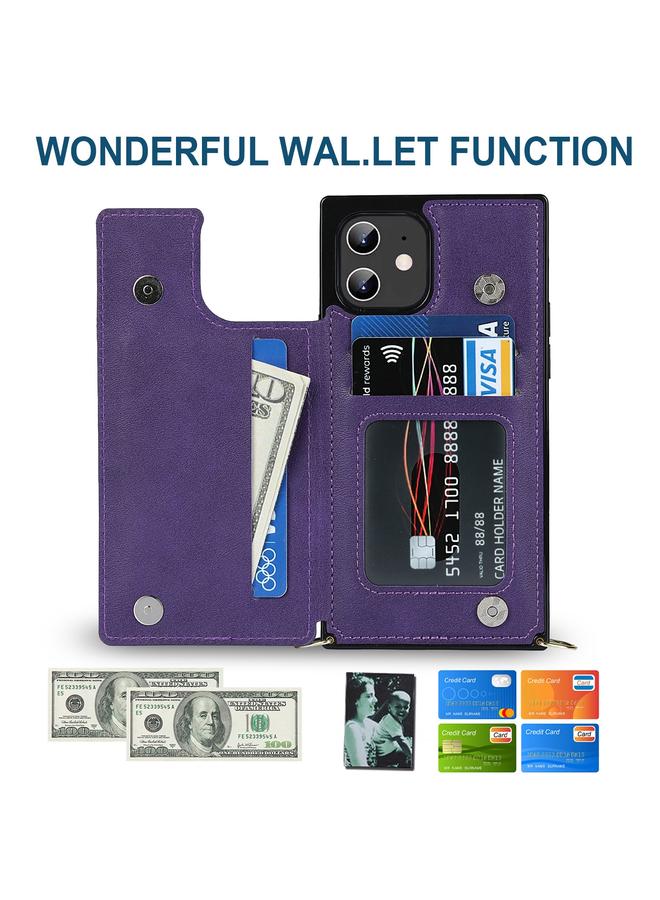 زبون جراب لهاتف iPhone 12 / 12 Pro، جراب مربع مزدوج الإبزيم، جراب من مادة TPU + PU مع فتحات للبطاقات ومحفظة وصورة وحزام - Image 4