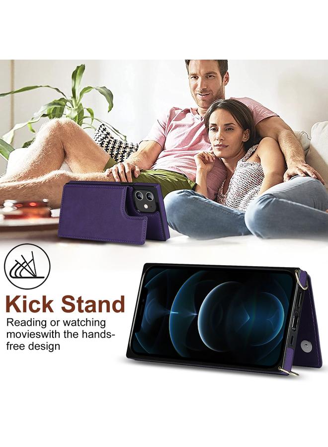 زبون جراب لهاتف iPhone 12 / 12 Pro، جراب مربع مزدوج الإبزيم، جراب من مادة TPU + PU مع فتحات للبطاقات ومحفظة وصورة وحزام - Image 3