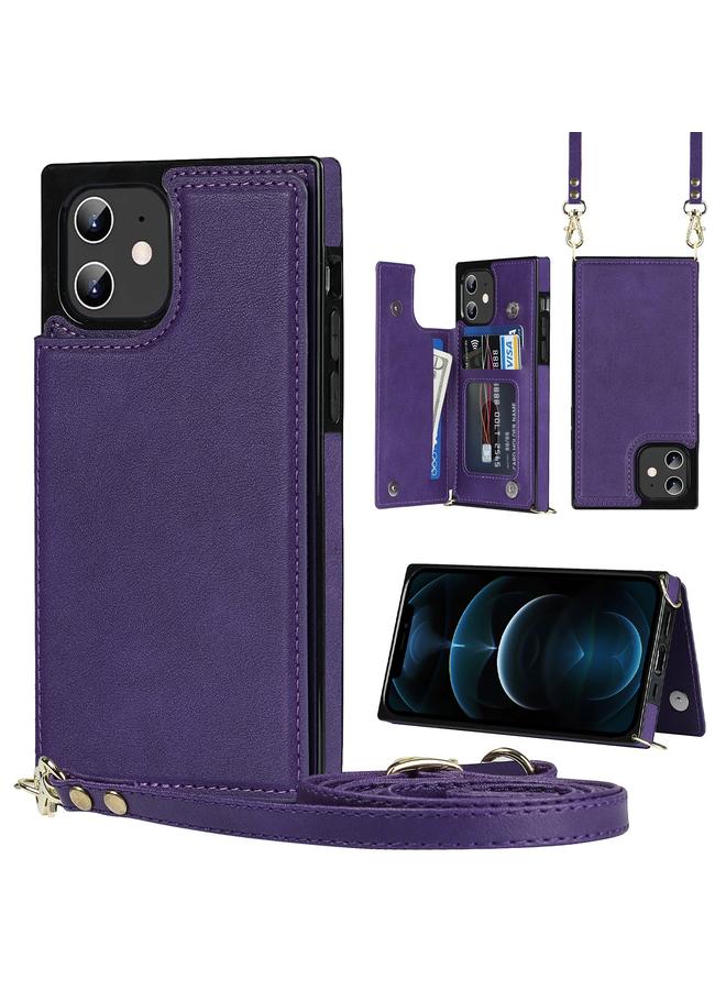 زبون جراب لهاتف iPhone 12 / 12 Pro، جراب مربع مزدوج الإبزيم، جراب من مادة TPU + PU مع فتحات للبطاقات ومحفظة وصورة وحزام - Image 1