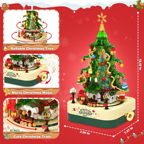 Shemira 594 PCS Christmas Tree Building Block Toy Set Rotating Christmas Music Box Toy Building Sets for Kids Boys Girls Teens Christmas Toys Decoration for Kids Adult Green - Image 5