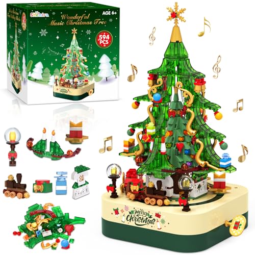 Shemira 594 PCS Christmas Tree Building Block Toy Set Rotating Christmas Music Box Toy Building Sets for Kids Boys Girls Teens Christmas Toys Decoration for Kids Adult Green - Image 1