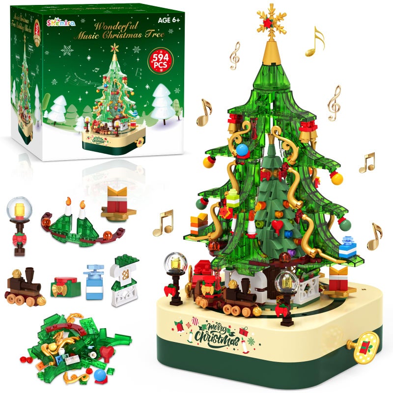 Shemira 594 PCS Christmas Tree Building Block Toy Set Rotating Christmas Music Box Toy Building Sets for Kids Boys Girls Teens Christmas Toys Decoration for Kids Adult Green - Image 3