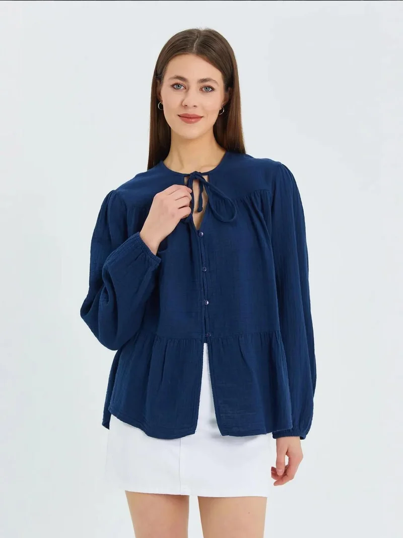 MixRay Mixray Long Sleeve Relaxed Fit Blouse with Tie-Neck