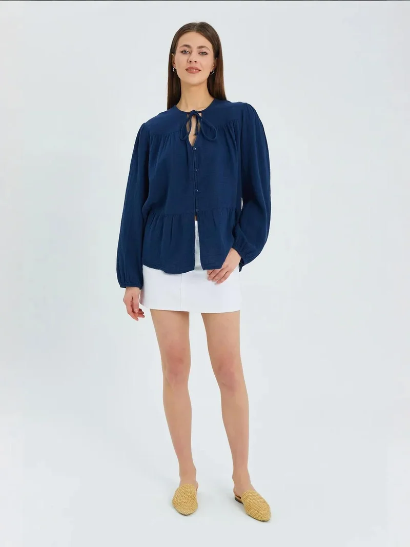 MixRay Mixray Long Sleeve Relaxed Fit Blouse with Tie-Neck