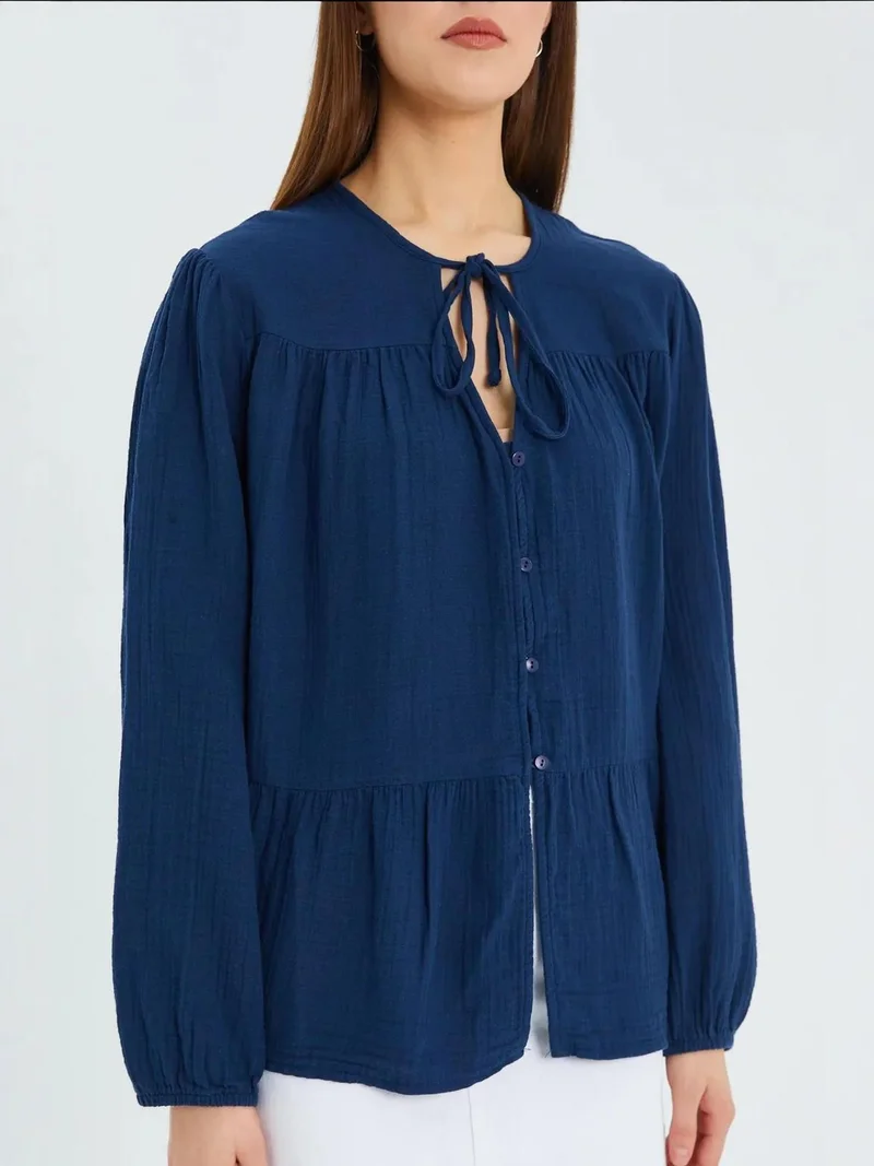 MixRay Mixray Long Sleeve Relaxed Fit Blouse with Tie-Neck