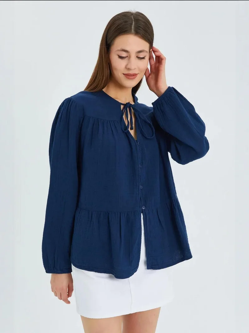 MixRay Mixray Long Sleeve Relaxed Fit Blouse with Tie-Neck
