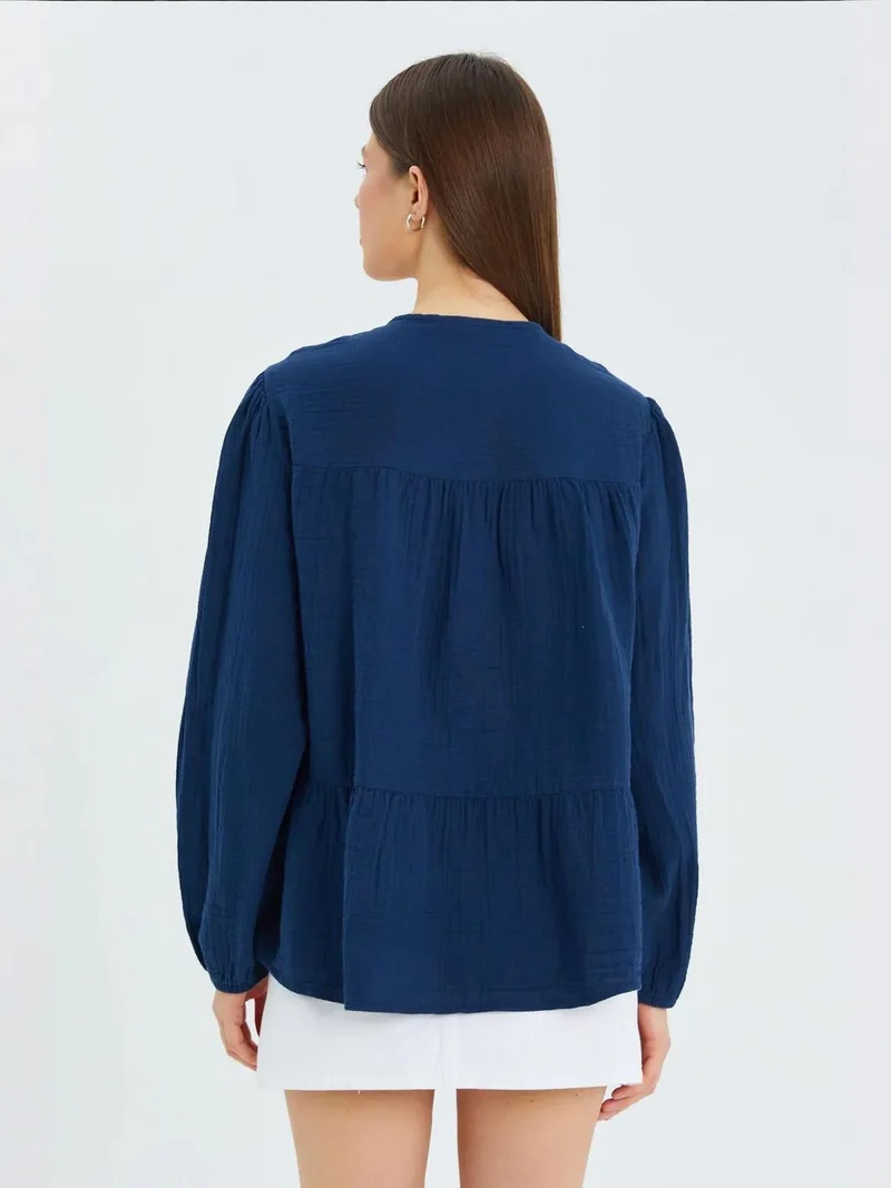 MixRay Mixray Long Sleeve Relaxed Fit Blouse with Tie-Neck