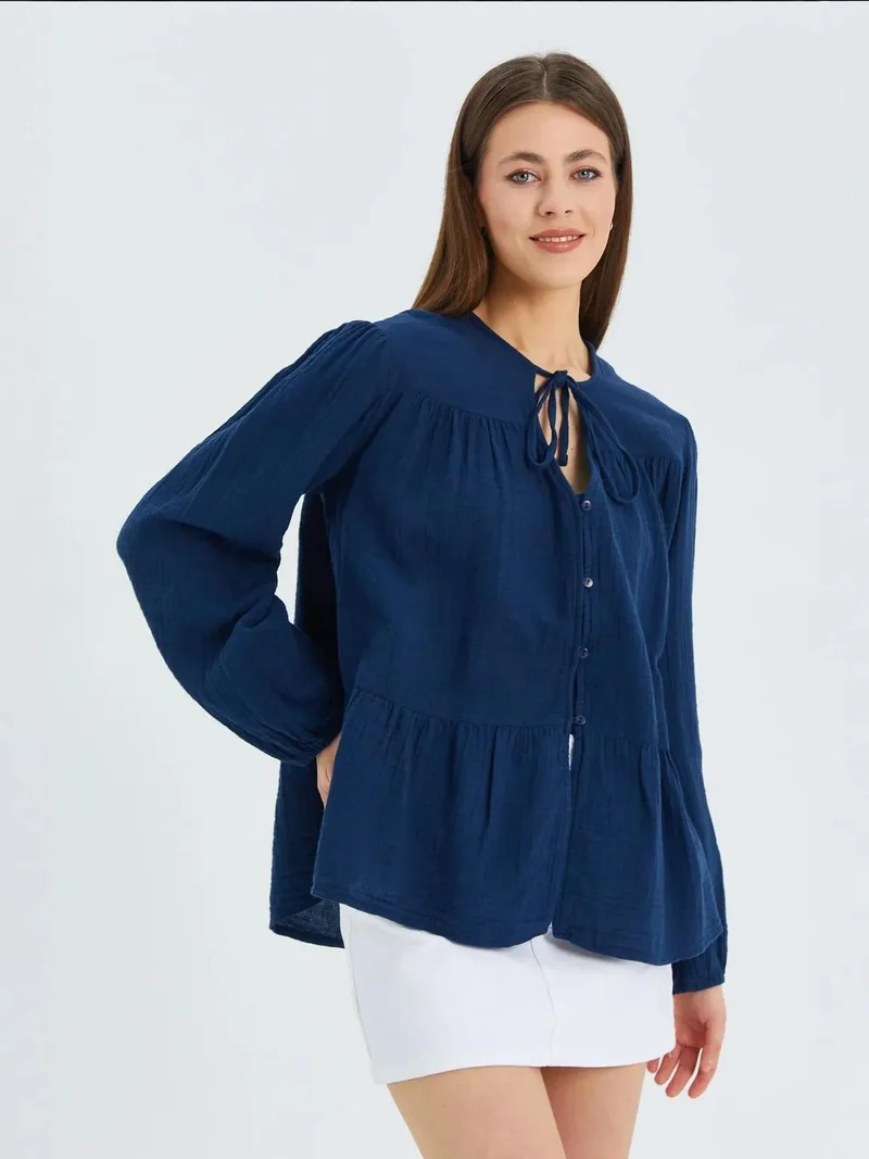 MixRay Mixray Long Sleeve Relaxed Fit Blouse with Tie-Neck
