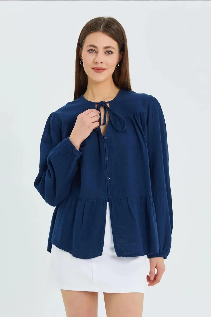 Mixray Mixray Long Sleeve Relaxed Fit Blouse with Tie-Neck
