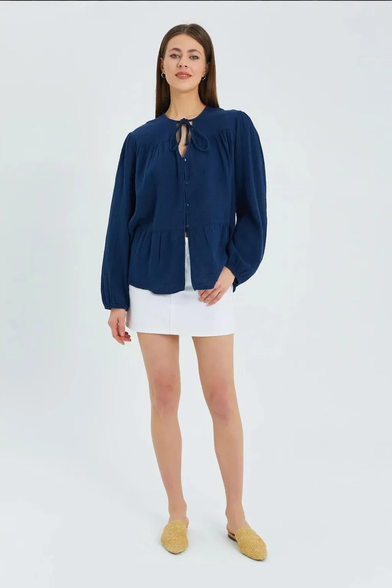 Mixray Mixray Long Sleeve Relaxed Fit Blouse with Tie-Neck