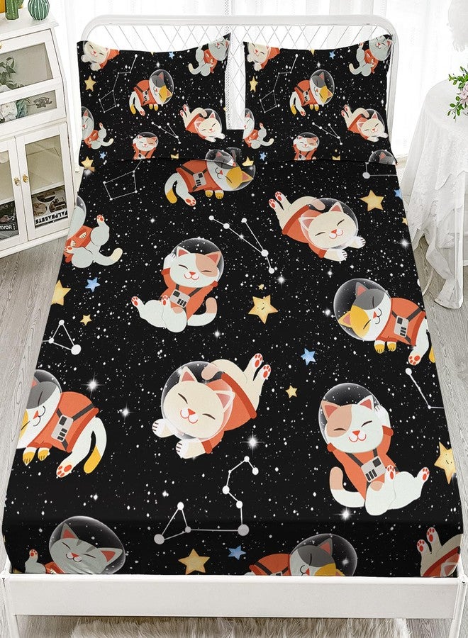 AILONEN Cartoon Space Cat Fitted Sheet Set Twin Size, Kitten and Horoscope Bedding Set for Kids Girls Boys,Starry Night Bed Sheet Set,Outer Space Theme Sheet Set,1 Fitted Sheet,2 Pillowcases - Image 1