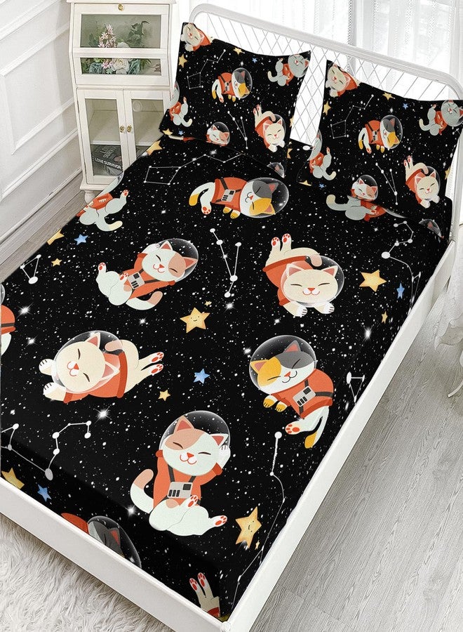 AILONEN Cartoon Space Cat Fitted Sheet Set Twin Size, Kitten and Horoscope Bedding Set for Kids Girls Boys,Starry Night Bed Sheet Set,Outer Space Theme Sheet Set,1 Fitted Sheet,2 Pillowcases - Image 2