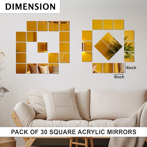 Goelite 30 Big Square Acrylic Mirror Stickers for Wall Decoration | Acrylic Stickers Wall Mirror,Wall Stickers for Bedroom, Hall, Home Offices (Golden, 4 Inch) - Image 4