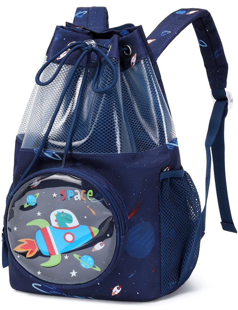 mygreen Drawstring Backpack for Kids Dinosaur Rocket Bags for Mini Boys Gym Sports Beach Swim Travel Bag With Two Water Bottle Holder Dark Blue - Image 2