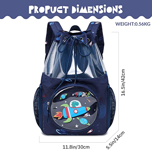 mygreen Drawstring Backpack for Kids Dinosaur Rocket Bags for Mini Boys Gym Sports Beach Swim Travel Bag With Two Water Bottle Holder Dark Blue - Image 3