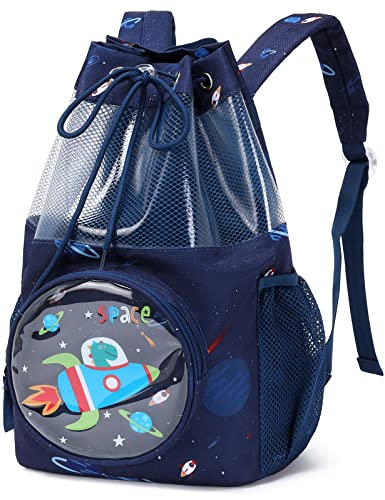 mygreen Drawstring Backpack for Kids Dinosaur Rocket Bags for Mini Boys Gym Sports Beach Swim Travel Bag With Two Water Bottle Holder Dark Blue - Image 1
