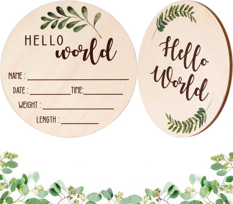Giftacity Baby Announcement Sign for Newborn  Beautiful DoubleSided Hello World Name Sign for Hospital Birth Announcement The Perfect Round Wooden Welcome Baby Board for New Boy and Girl Gifts - Image 1