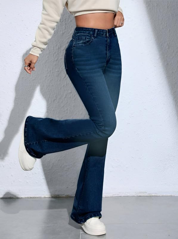 Waltz Women High Rise High Wasit Stretchable Denim Flared Wide Leg Boot Cut Bell Bottom Dark Blue Jeans 28 - Image 4