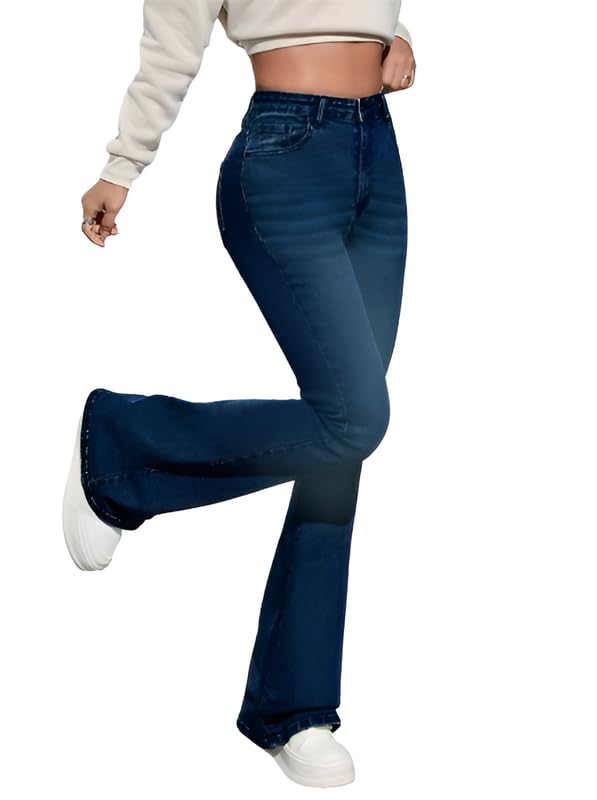 Waltz Women High Rise High Wasit Stretchable Denim Flared Wide Leg Boot Cut Bell Bottom Dark Blue Jeans 28 - Image 1