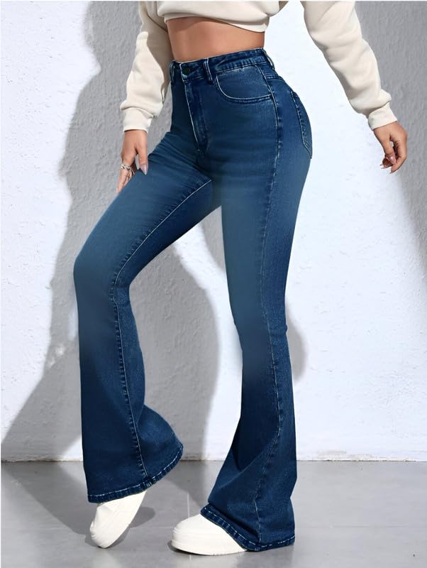 Waltz Women High Rise High Wasit Stretchable Denim Flared Wide Leg Boot Cut Bell Bottom Dark Blue Jeans 28 - Image 5