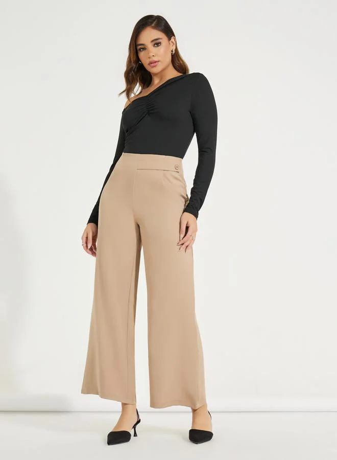 Styli Wide Leg Ankle Length Trousers with Waist Latch Detailing