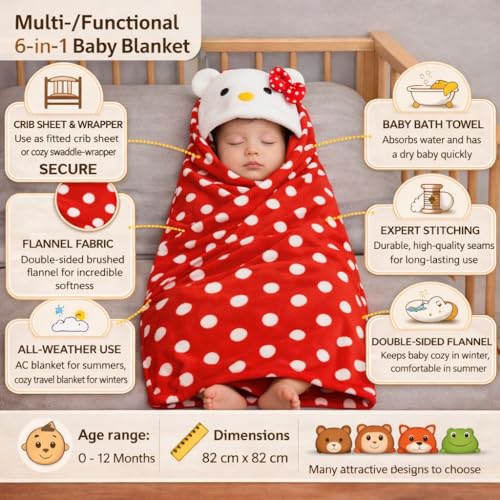 BRANDONN New Born Baby Blanket Pack of Super Soft Bathrobe Wrapper Bath Towel for Boys, Girls, Babies (Red Polka, Length 82 cm x Width 82 cm, 0-12 Months) - Image 3