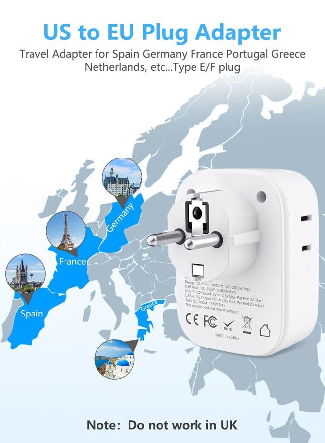 Lencent Germany France Travel Power Adapter, Schuko Type E F Power Plug Adaptor with 4 USB Ports(2 Type C), 4 Outlet Converter, US to EU Spain France German Greece Norway Iceland South Korea Portugal - Image 2