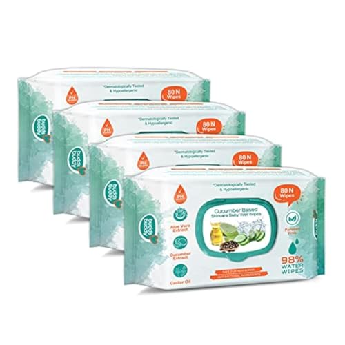 BuddsBuddy Cucumber Based Natural Wipes for Babies with Lid | Aloe Vera Extract & Castor Oil | Moisturizing wipes for baby skin | Antibacterial Baby Wipes | 320 pieces | Combo of 4 x 80 pieces - Image 1
