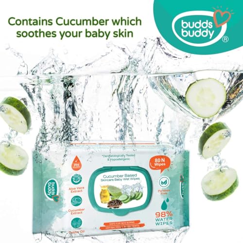 BuddsBuddy Cucumber Based Natural Wipes for Babies with Lid | Aloe Vera Extract & Castor Oil | Moisturizing wipes for baby skin | Antibacterial Baby Wipes | 320 pieces | Combo of 4 x 80 pieces - Image 5