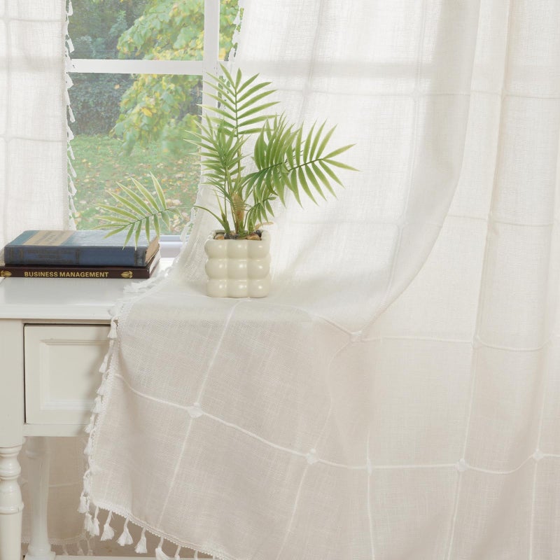 ColorBird Beige Plaid Curtains, White Embroidered Gingham 63 Inch Boho Farmhouse Curtains & Drapes for Living Room, Linen Texture Light Filtering Window Treatment for Dining Bedroom - Image 5