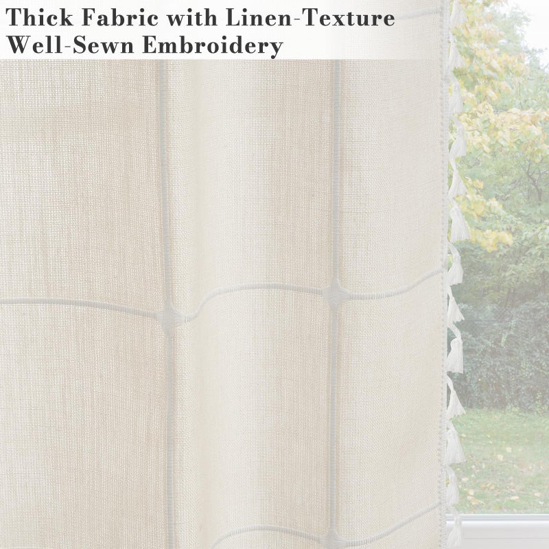 ColorBird Beige Plaid Curtains, White Embroidered Gingham 63 Inch Boho Farmhouse Curtains & Drapes for Living Room, Linen Texture Light Filtering Window Treatment for Dining Bedroom - Image 2