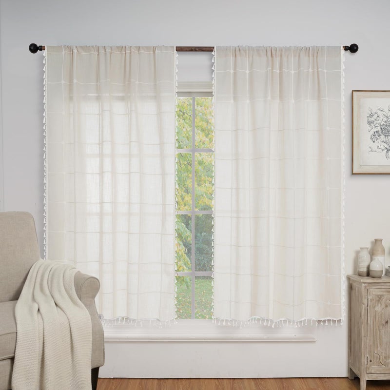 ColorBird Beige Plaid Curtains, White Embroidered Gingham 63 Inch Boho Farmhouse Curtains & Drapes for Living Room, Linen Texture Light Filtering Window Treatment for Dining Bedroom - Image 1