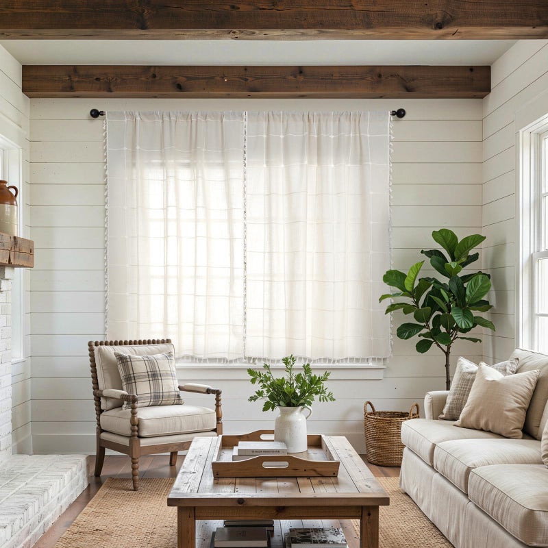 ColorBird Beige Plaid Curtains, White Embroidered Gingham 63 Inch Boho Farmhouse Curtains & Drapes for Living Room, Linen Texture Light Filtering Window Treatment for Dining Bedroom - Image 3